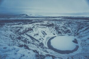 Kerið crater in Iceland covered in snow during winter