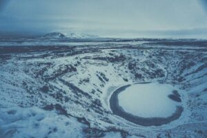 Kerið crater in Iceland's Golden Circle covered in ice and snow