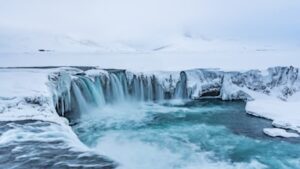 Goðafoss waterfall in Iceland during winter