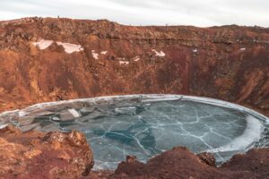Keríð crater in Iceland's Golden Circle with frozen water at the bottom