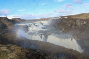 Gullfoss waterfall under a rainbow in Iceland's Golden Circle