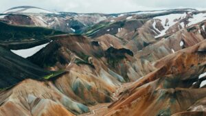 An aerial view of Landmannalaugar in the Icelandic Highlands during summer