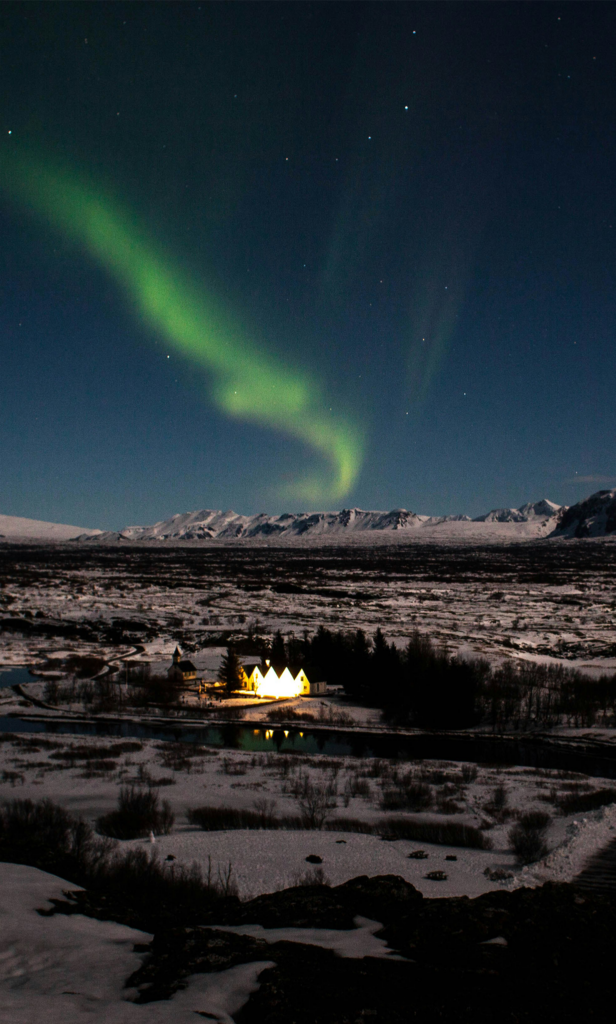 Thingvellir National Park underneath the Aurora Borealis