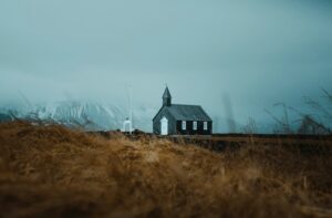 The Black Church of Búðir in Iceland during Halloween