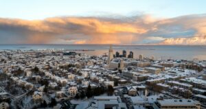 Winter snow pouring over the city of Reykjavík