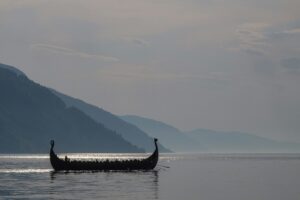 A Viking ship navigating the waters to Iceland