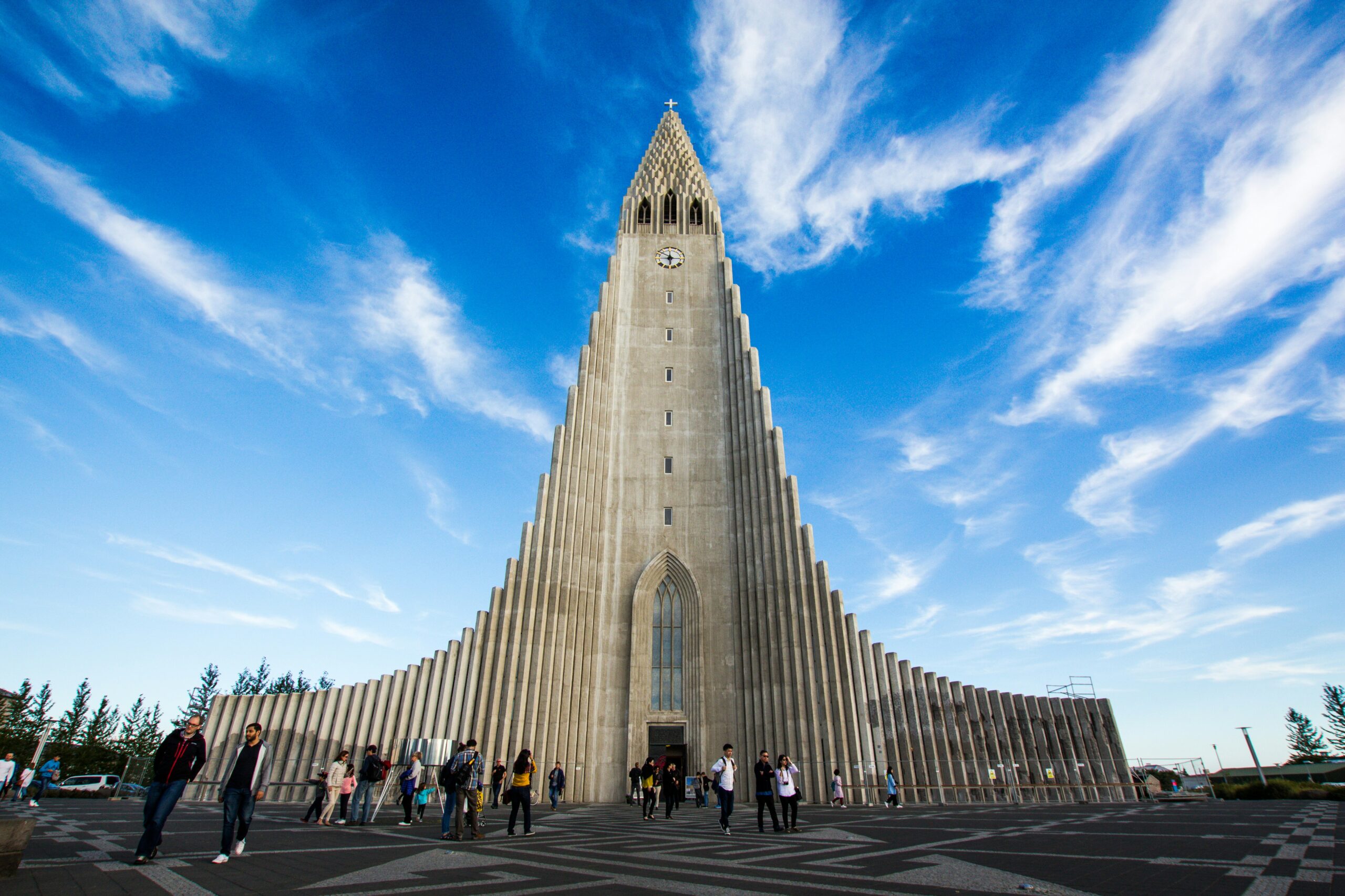 Hallgrimskirkja church in Iceland under a blue sky in summer
