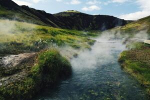 Reykjadalur hot springs in Iceland in summer